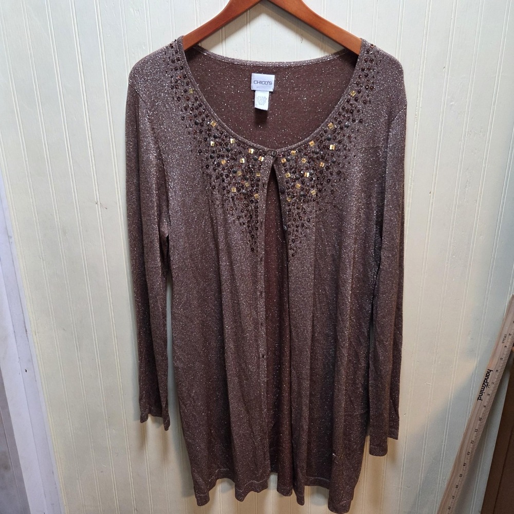 Chico's Cardigan Sweater Womens 3 Brown Glitter Studded Open Front Metallic Knit